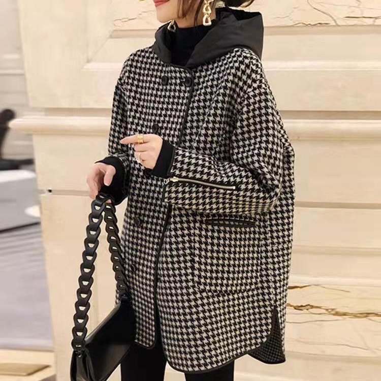 時尚寬鬆顯瘦連帽千鳥格中長毛呢外套