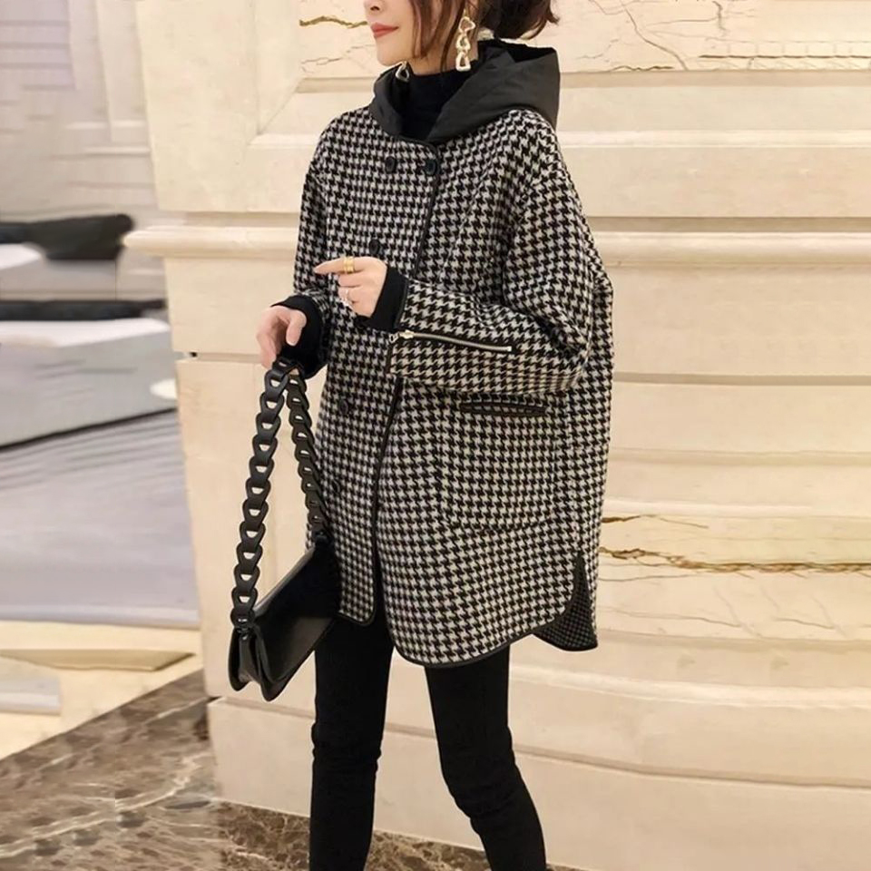 時尚寬鬆顯瘦連帽千鳥格中長毛呢外套