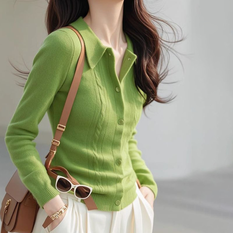 法式氣質百搭翻領顯瘦針織開衫