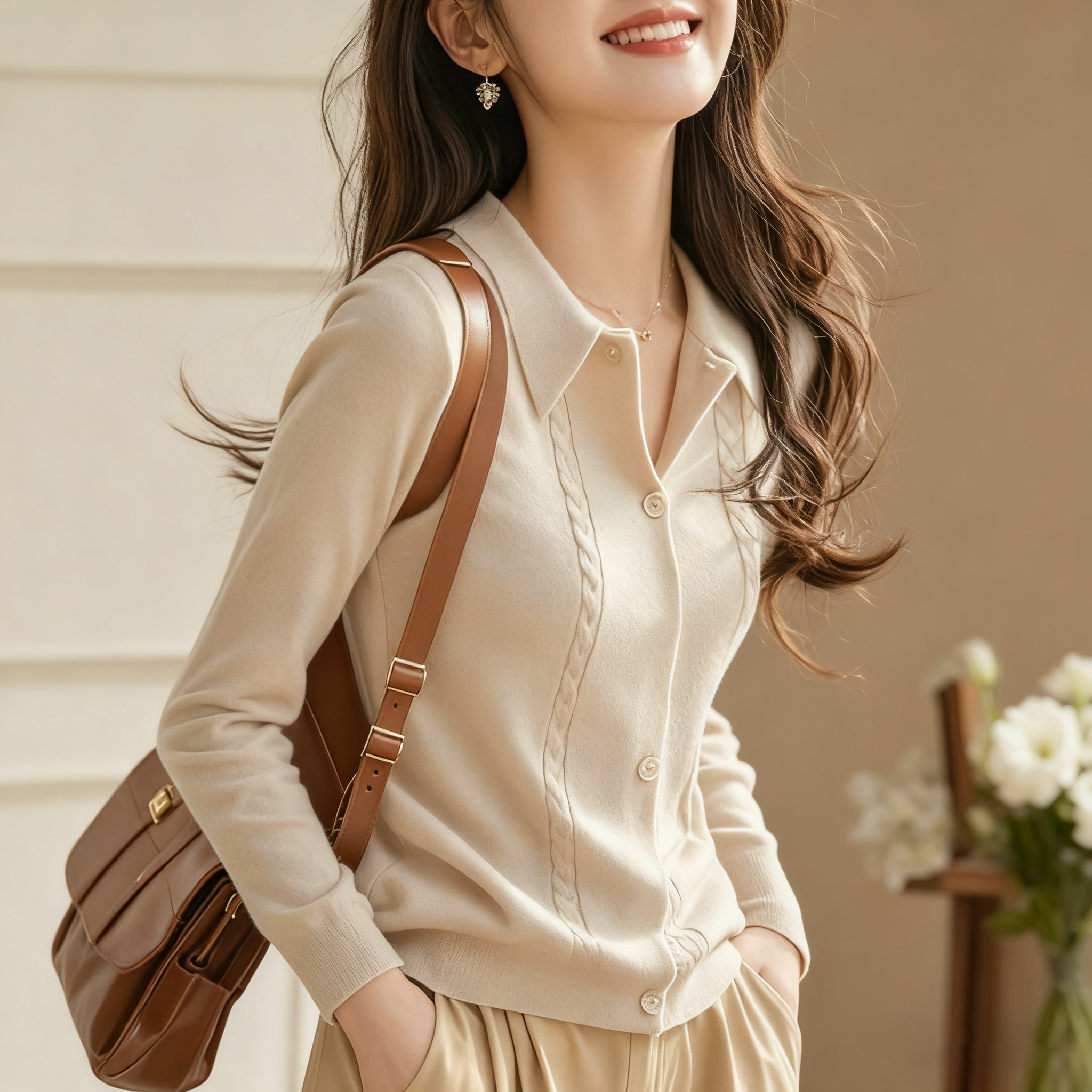 法式氣質百搭翻領顯瘦針織開衫