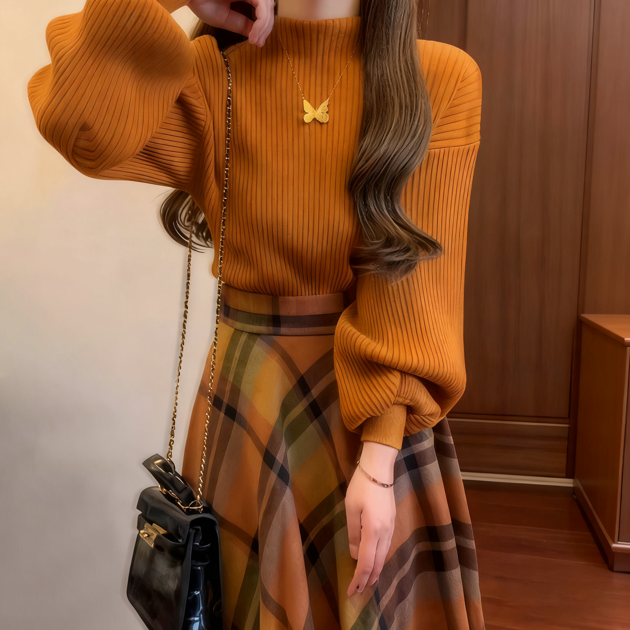 【單件/套裝】法式復古溫柔風氣質針織毛衣+格紋半身裙兩件套
