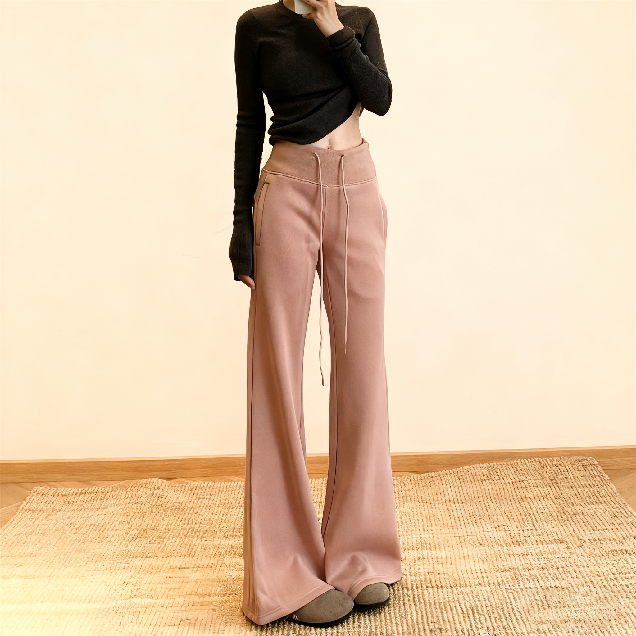 高腰休閒顯瘦修身垂感刷毛喇叭褲