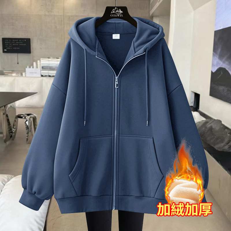 美式刷毛加厚寬鬆運動慵懶風拉鍊連帽外套