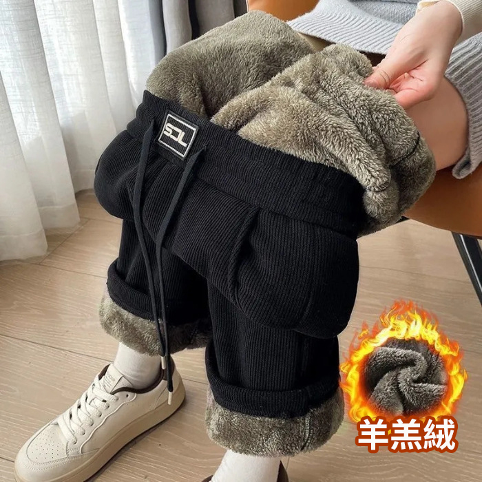 超厚刷毛休閒寬鬆顯高直筒加厚闊腿褲