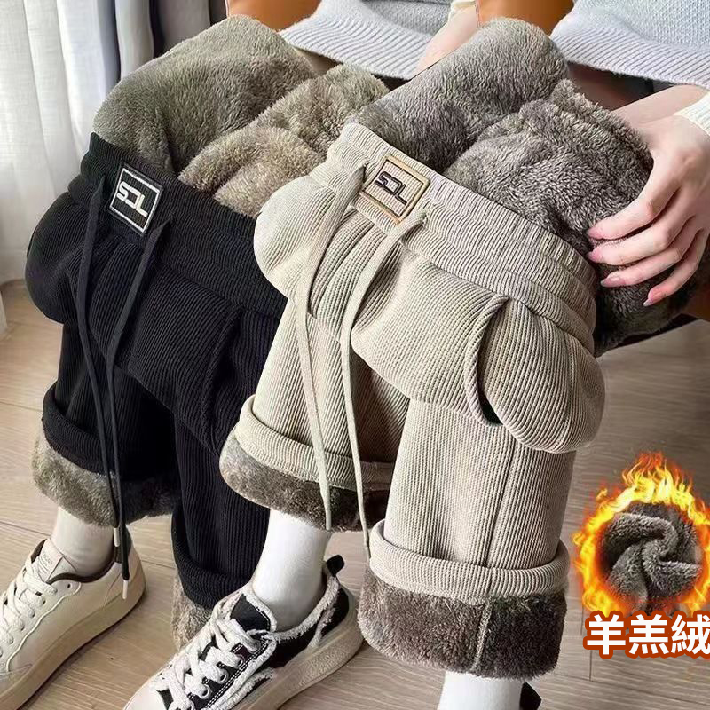 超厚刷毛休閒寬鬆顯高直筒加厚闊腿褲