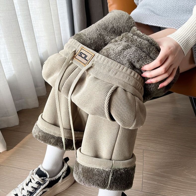 超厚刷毛休閒寬鬆顯高直筒加厚闊腿褲