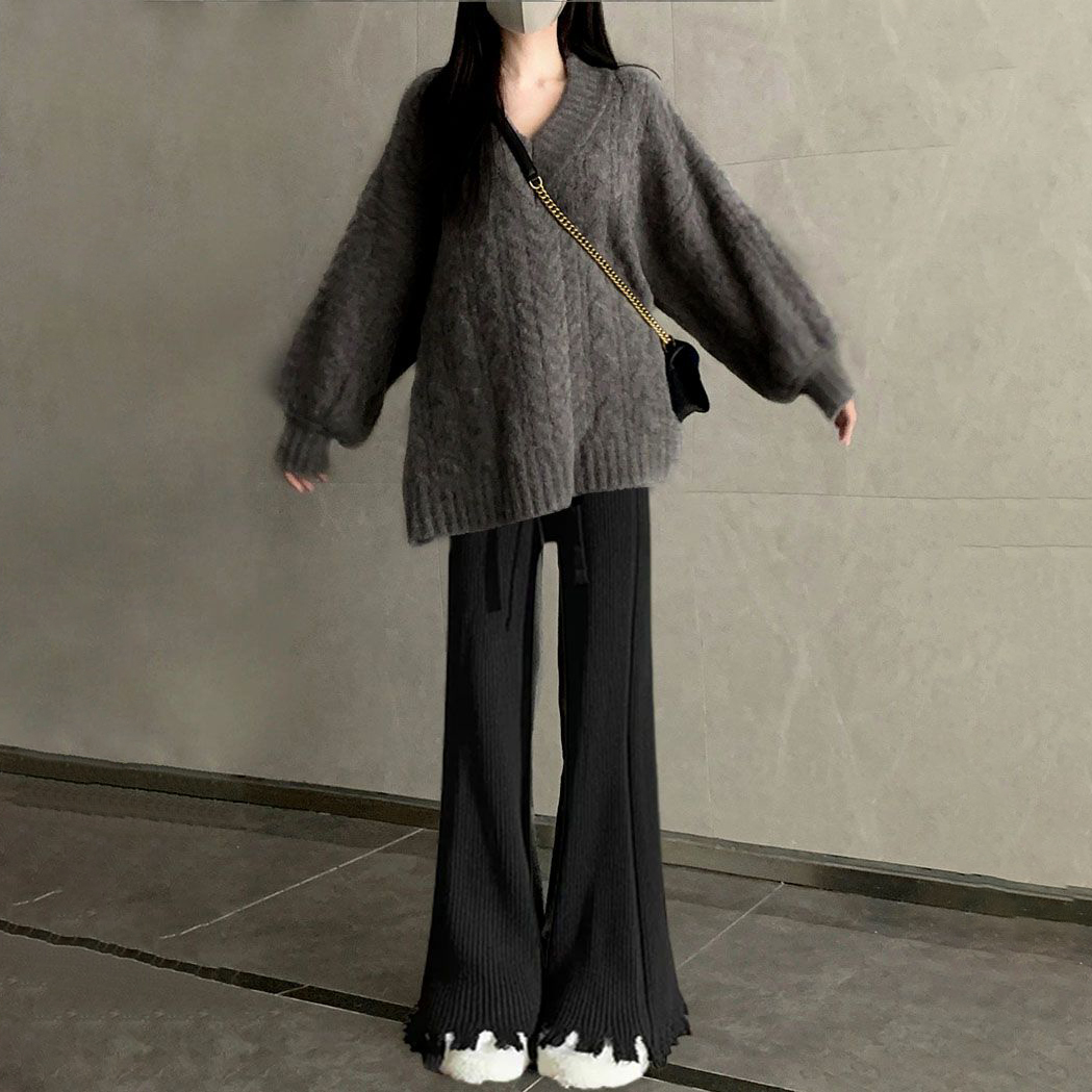 【單件/套裝】溫柔鹽系韓版慵懶風v領麻花毛衣+黑色針織褲兩件套