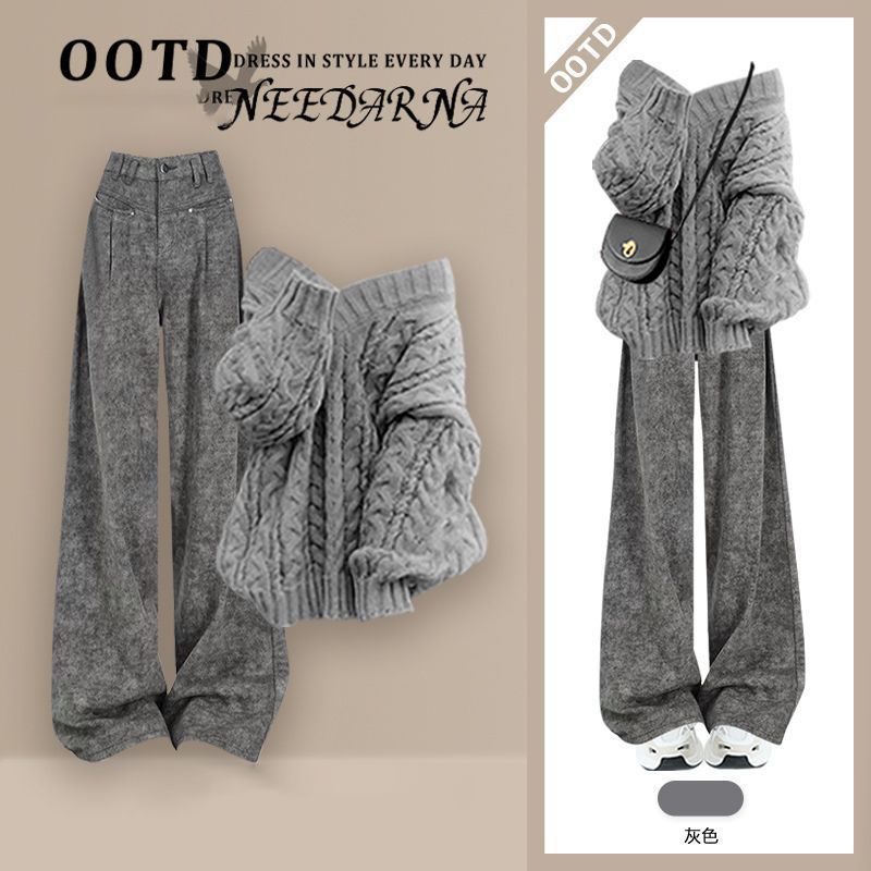 【單件/套裝】韓系慵懶風時尚針織毛衣+氣質顯瘦休閒褲兩件套