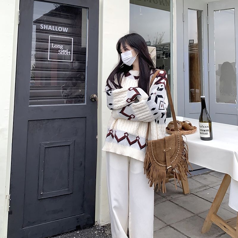 【單件/套裝】寬鬆拼色復古提花套頭毛衣+休閒闊腿褲兩件套