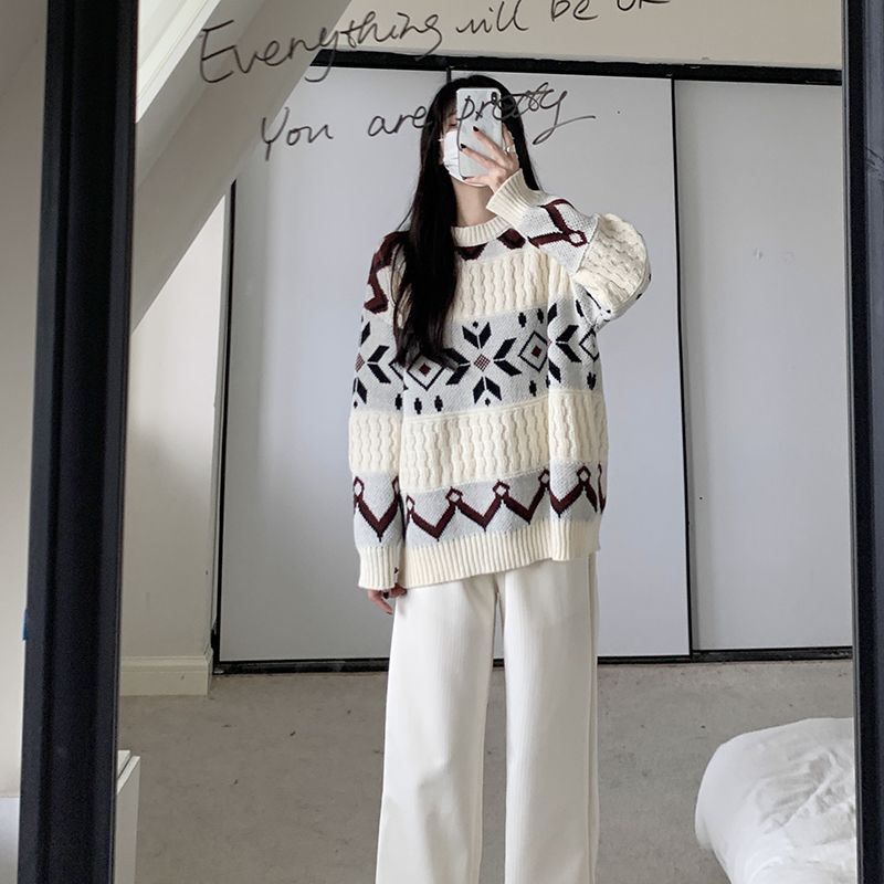 【單件/套裝】寬鬆拼色復古提花套頭毛衣+休閒闊腿褲兩件套