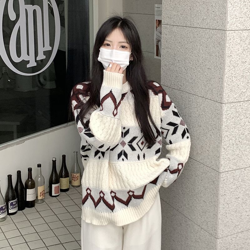 【單件/套裝】寬鬆拼色復古提花套頭毛衣+休閒闊腿褲兩件套