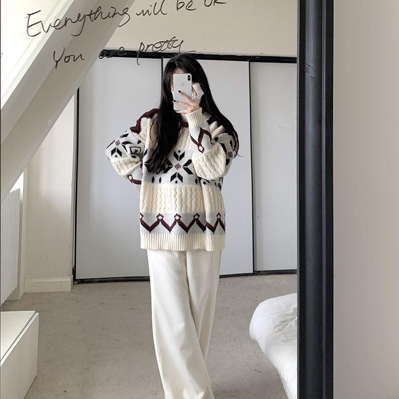 【單件/套裝】寬鬆拼色復古提花套頭毛衣+休閒闊腿褲兩件套