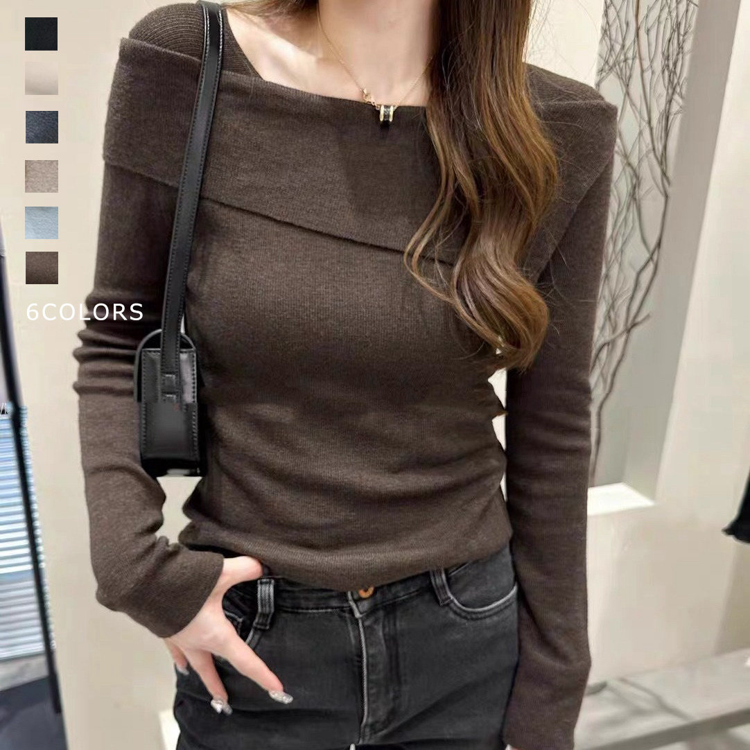 法式一字領兩穿可露肩修身甜美溫柔風針織長袖