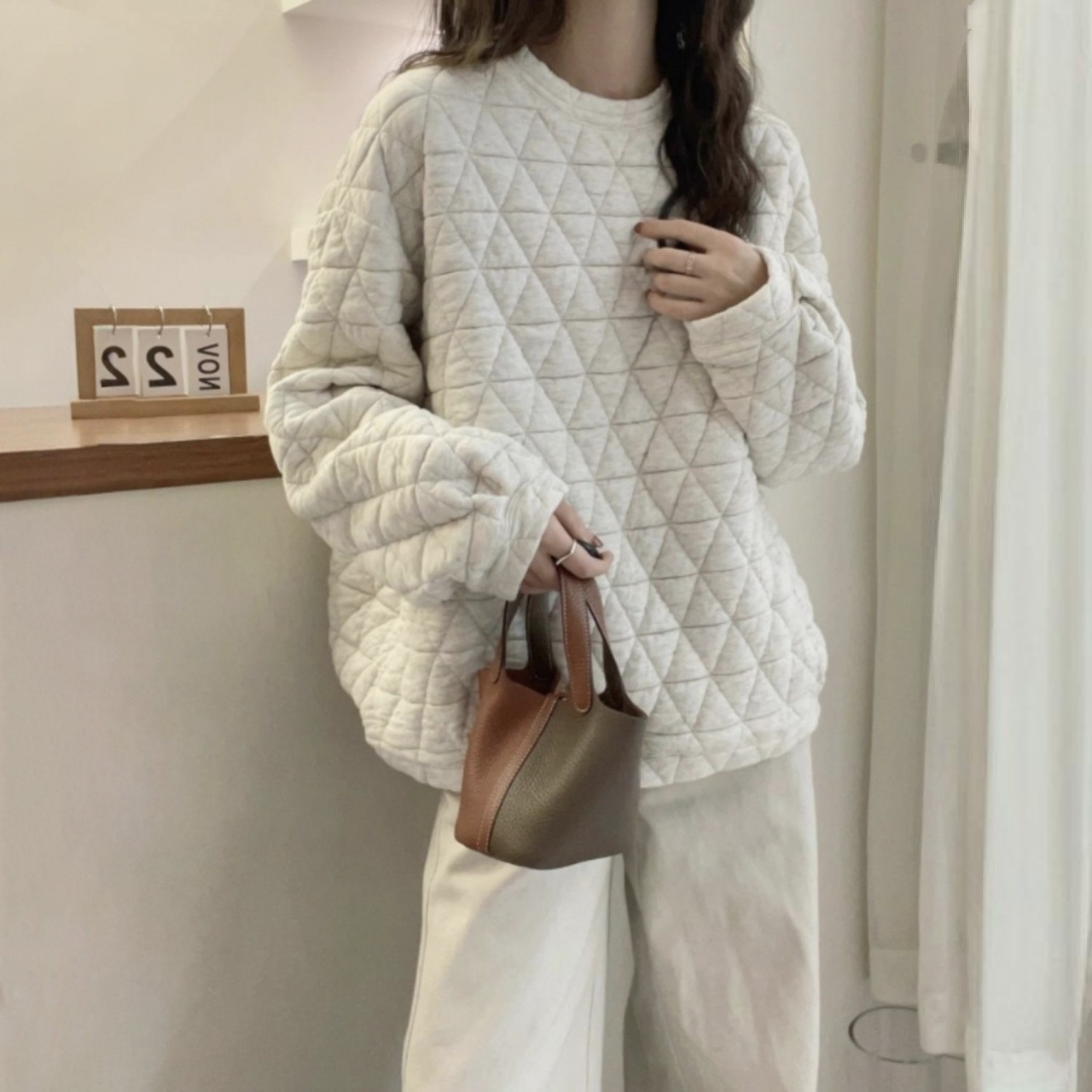 慵懶風加厚保暖寬鬆菱格夾棉上衣