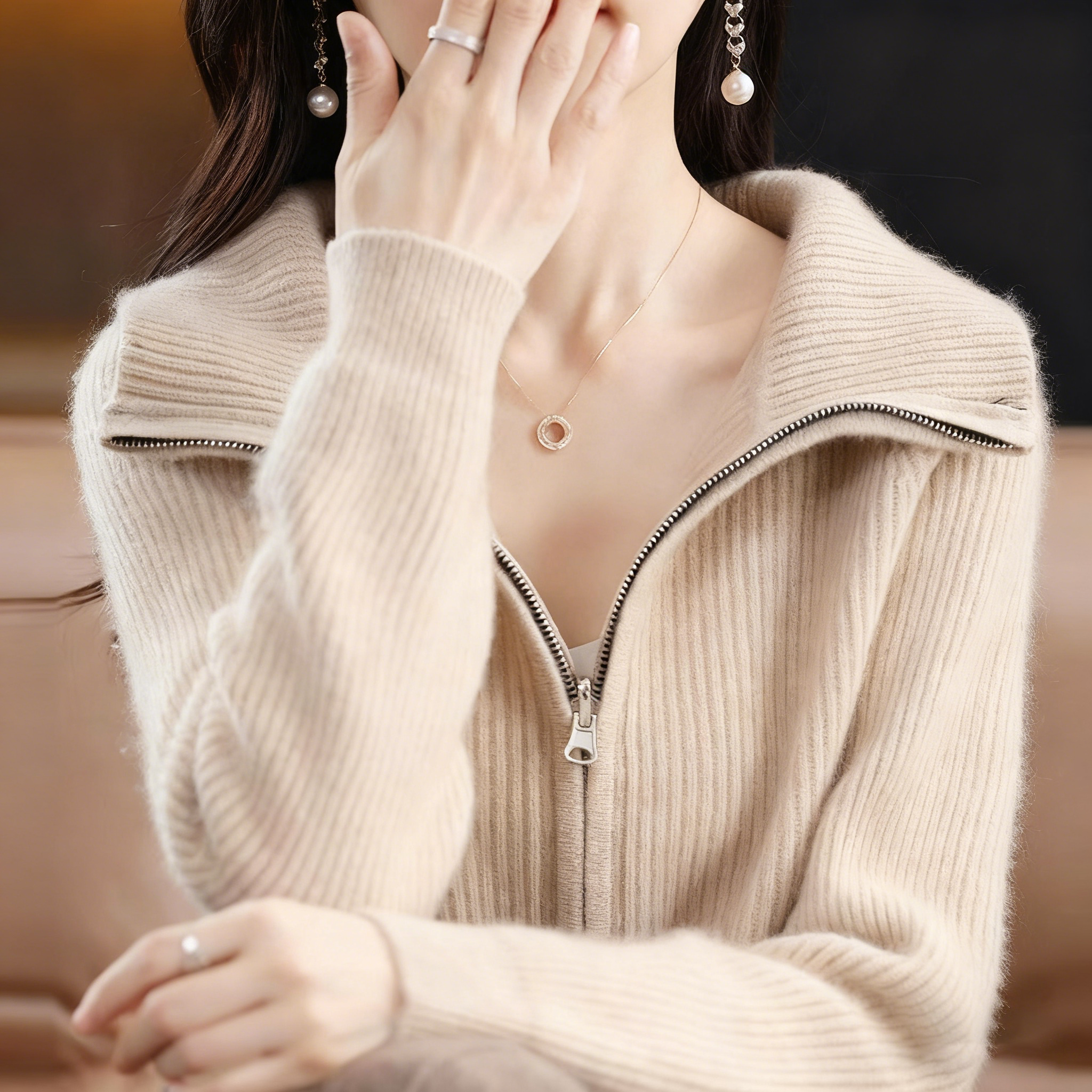 拉鍊羊毛外套粗針加厚寬鬆針織開衫