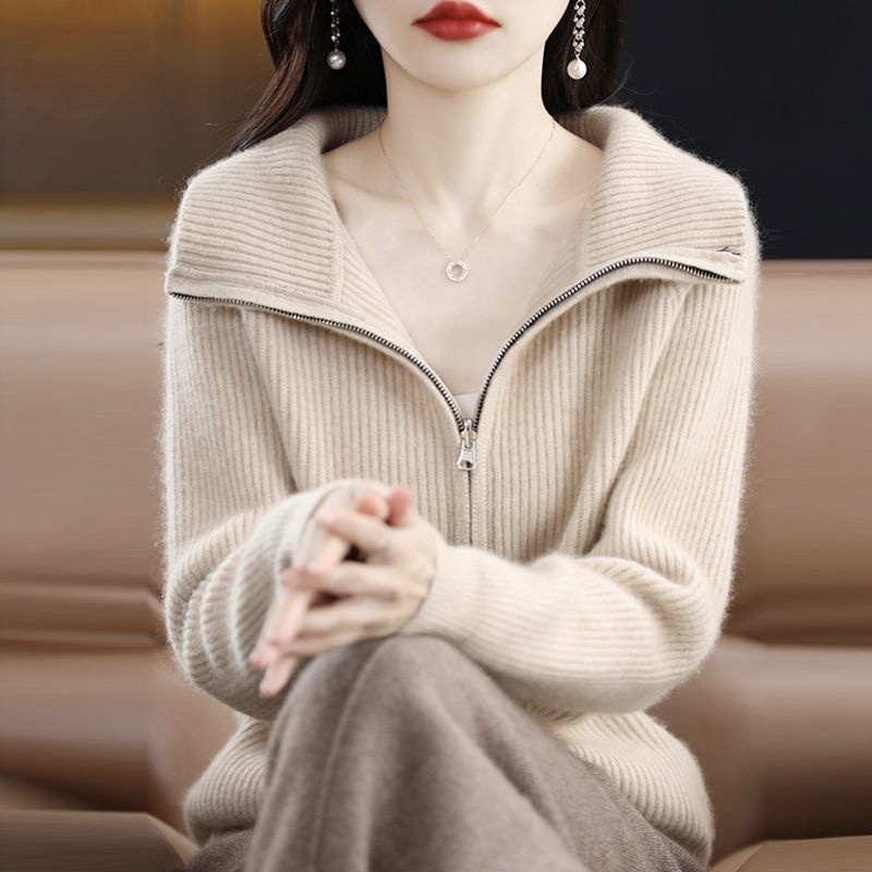 拉鍊羊毛外套粗針加厚寬鬆針織開衫