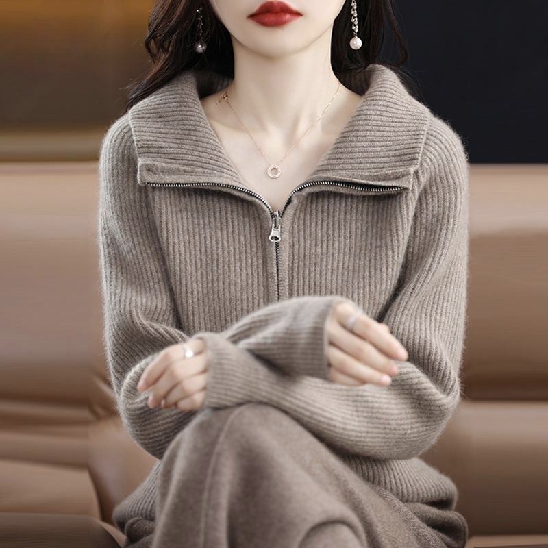 拉鍊羊毛外套粗針加厚寬鬆針織開衫