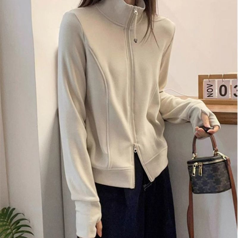 雙拉鍊立領德絨休閒短款開衫外套