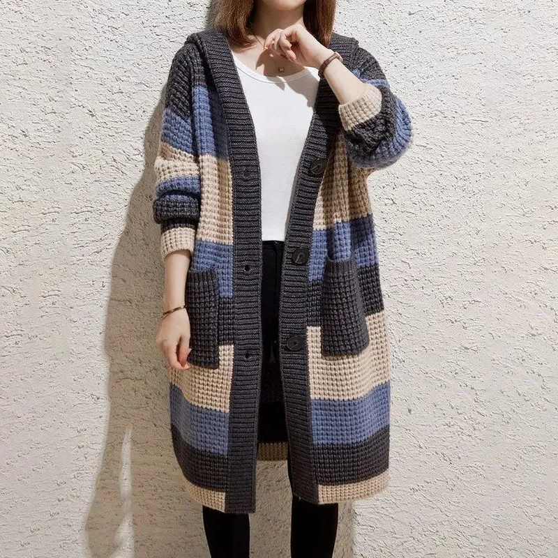 慵懶風寬鬆中長版連帽粗針針織開衫