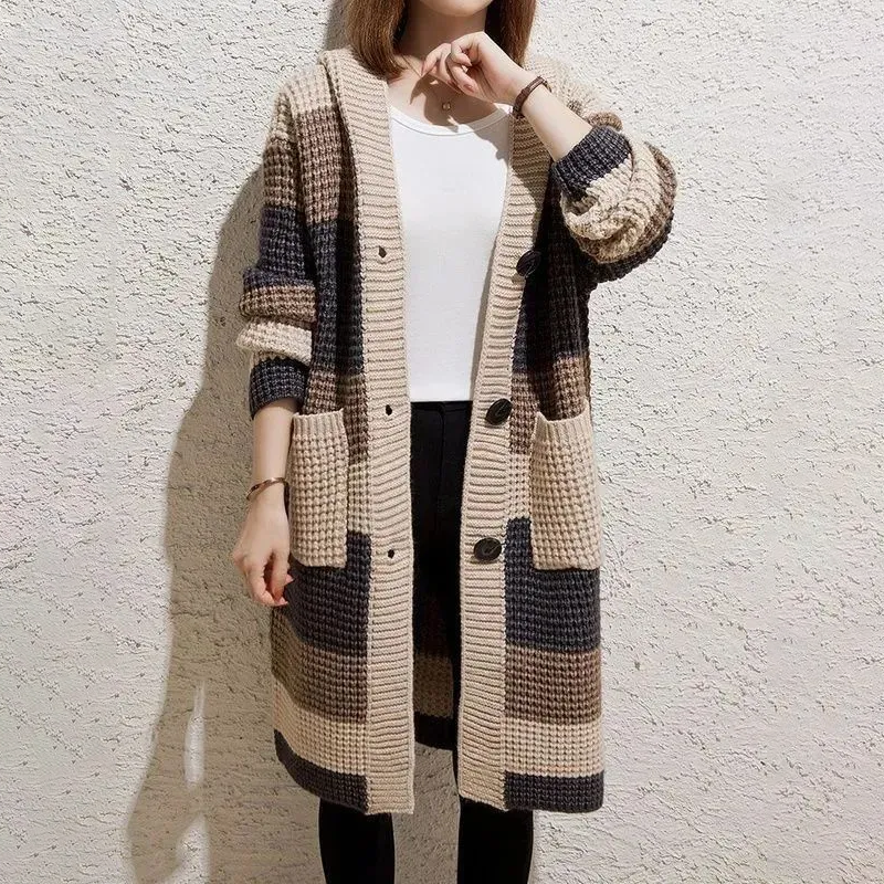 慵懶風寬鬆中長版連帽粗針針織開衫