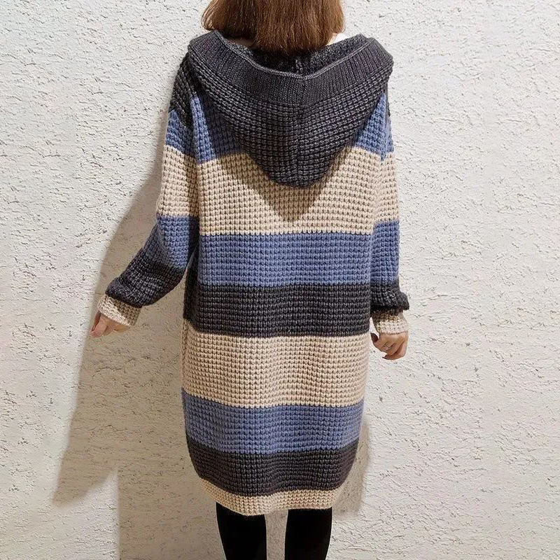 慵懶風寬鬆中長版連帽粗針針織開衫