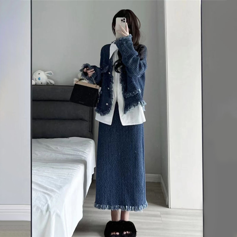 【單件/套裝】高級感毛邊小香風外套+設計感襯衫+高腰半身裙三件套裝