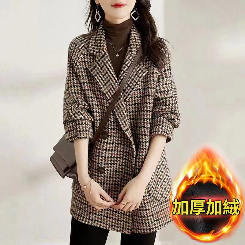 西裝領毛呢大衣寬鬆時尚中長版千鳥格外套