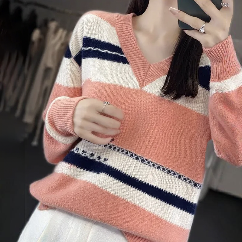 條紋大碼V領打底衫寬鬆顯瘦加厚針織毛衣