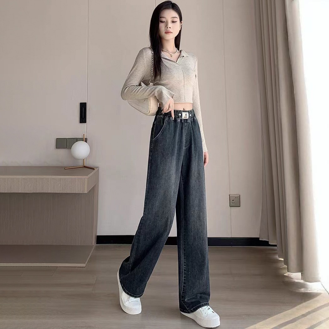 刷毛加厚彈力寬鬆顯瘦鬆緊高腰直筒牛仔褲