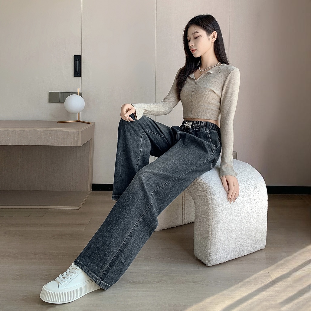 刷毛加厚彈力寬鬆顯瘦鬆緊高腰直筒牛仔褲