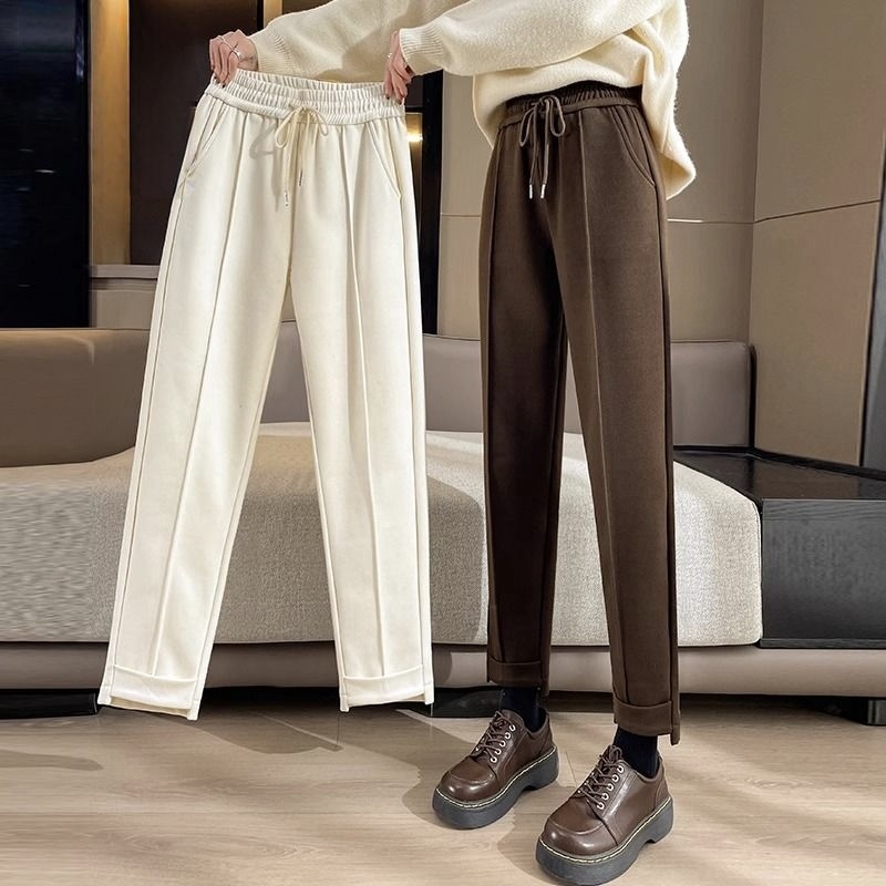 高腰顯瘦寬鬆刷毛加厚毛呢哈倫褲