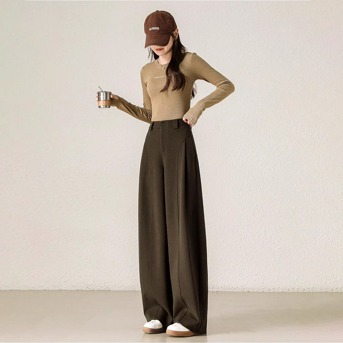 糯感寬鬆加厚款呢子直筒顯瘦休閒闊腿褲