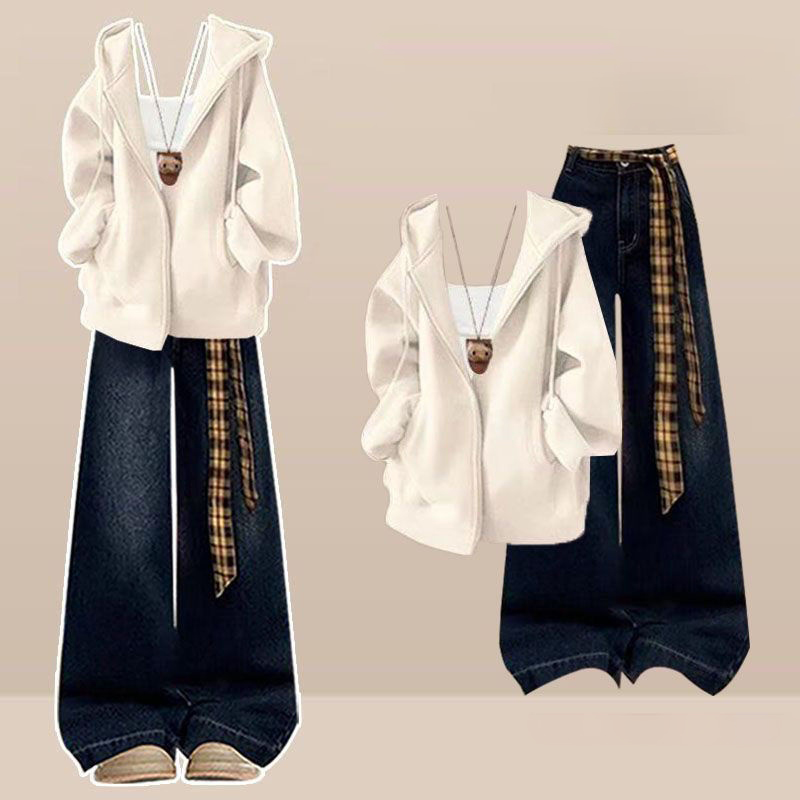 【單件/套裝】韓版寬鬆休閒連帽拉鏈外套+複古牛仔褲兩件套
