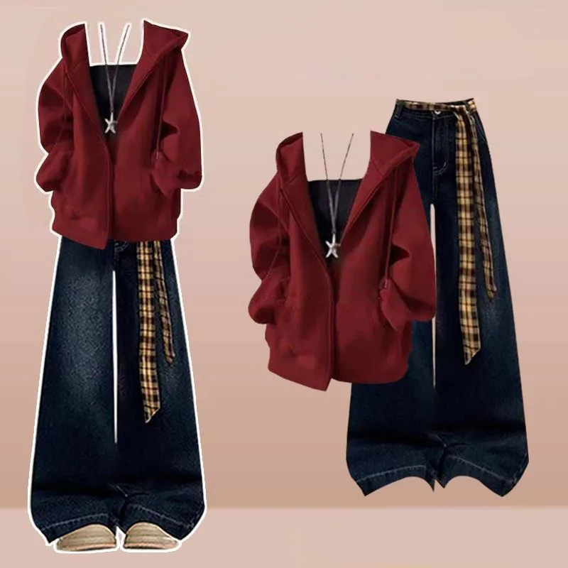 【單件/套裝】韓版寬鬆休閒連帽拉鏈外套+複古牛仔褲兩件套