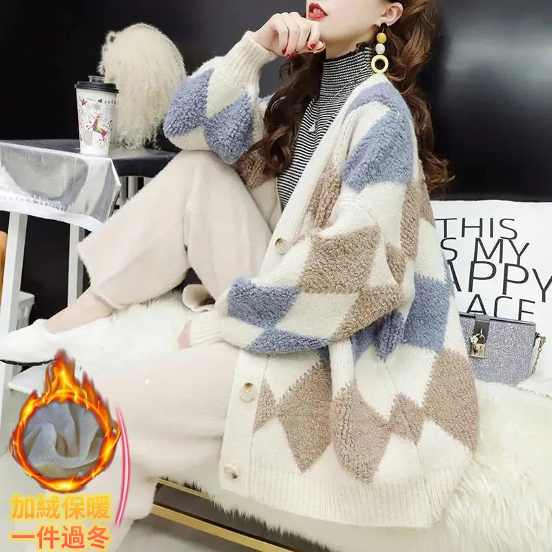 韓版慵懶風寬鬆刷毛中長版針織開衫