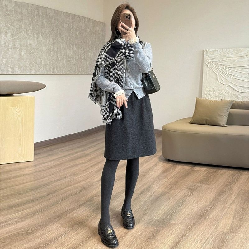 簡約高腰通勤顯瘦藏肉花苞中裙毛呢半身裙