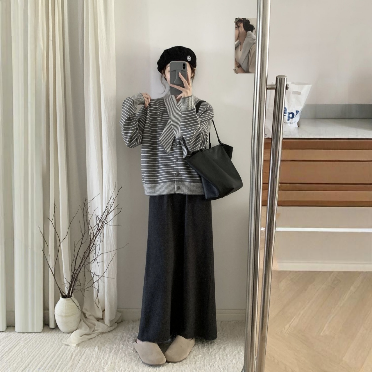 【單件/套裝】韓系復古高級感條紋寬鬆針織衫毛衣+圍巾+高腰半身裙三件套