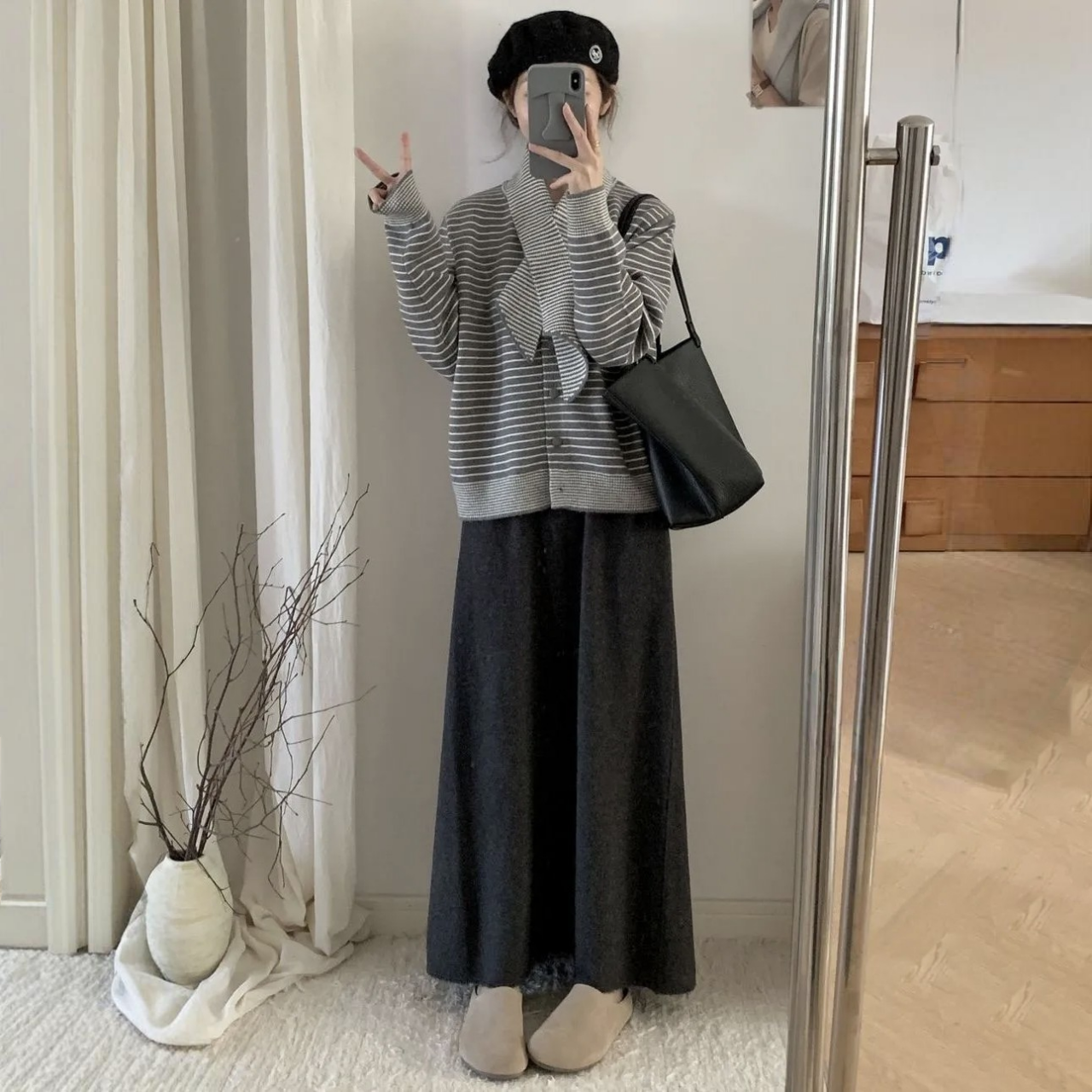 【單件/套裝】韓系復古高級感條紋寬鬆針織衫毛衣+圍巾+高腰半身裙三件套