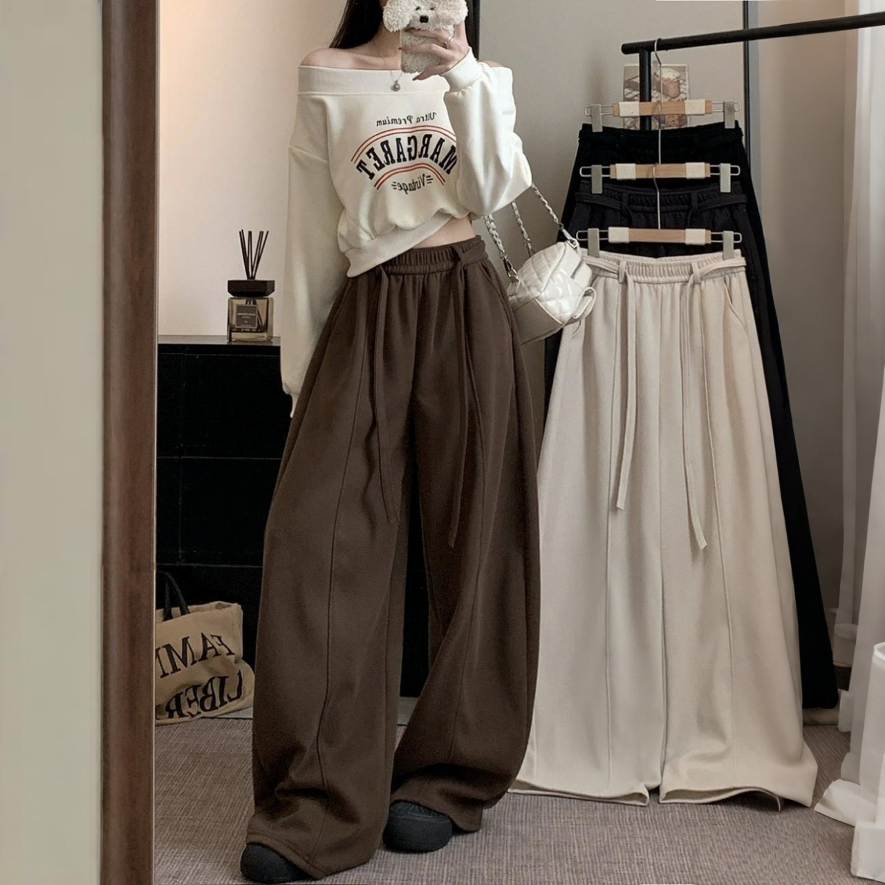 韓版刷毛鬆緊高腰休閒寬鬆垂感顯瘦闊腿褲