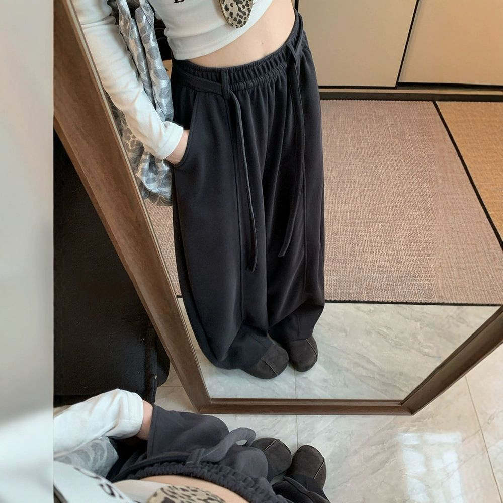 韓版刷毛鬆緊高腰休閒寬鬆垂感顯瘦闊腿褲