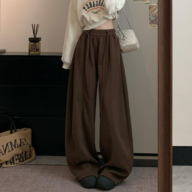 韓版刷毛鬆緊高腰休閒寬鬆垂感顯瘦闊腿褲