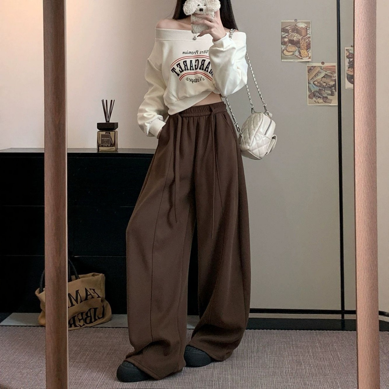 韓版刷毛鬆緊高腰休閒寬鬆垂感顯瘦闊腿褲