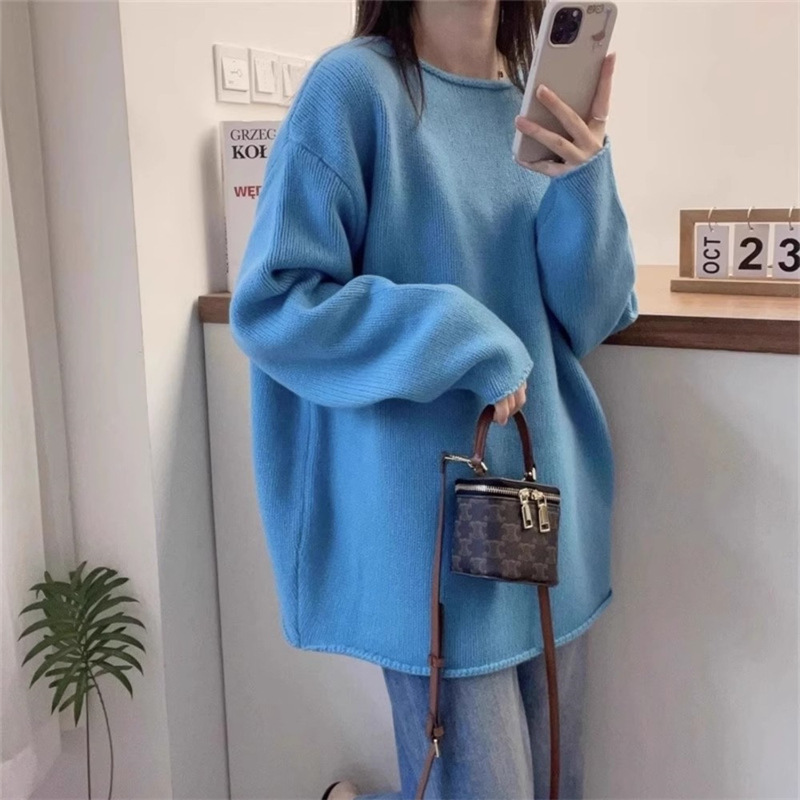 寬鬆百搭慵懶素色時尚捲邊圓領針織衫