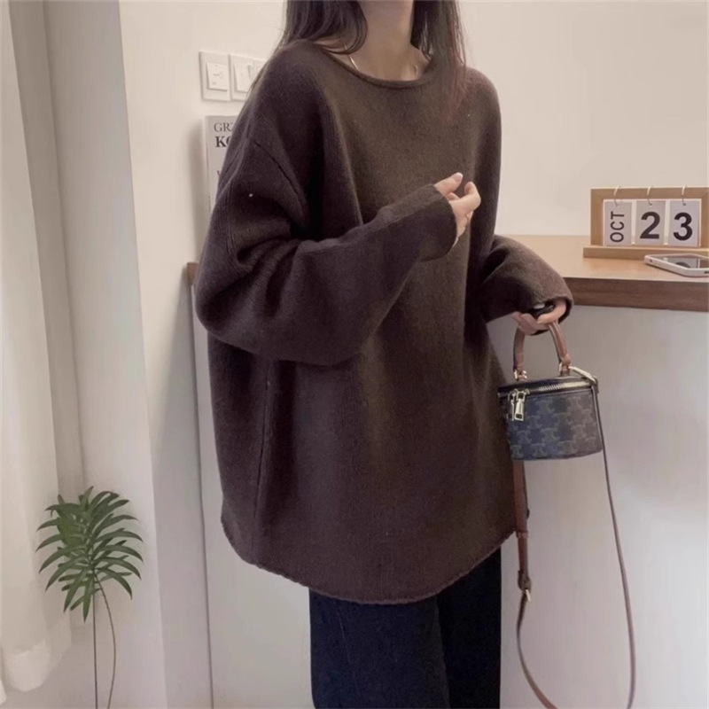 寬鬆百搭慵懶素色時尚捲邊圓領針織衫