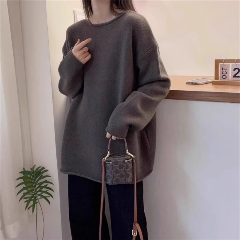 寬鬆百搭慵懶素色時尚捲邊圓領針織衫