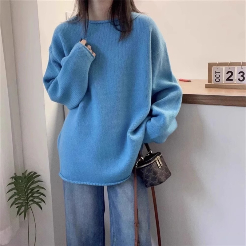 寬鬆百搭慵懶素色時尚捲邊圓領針織衫