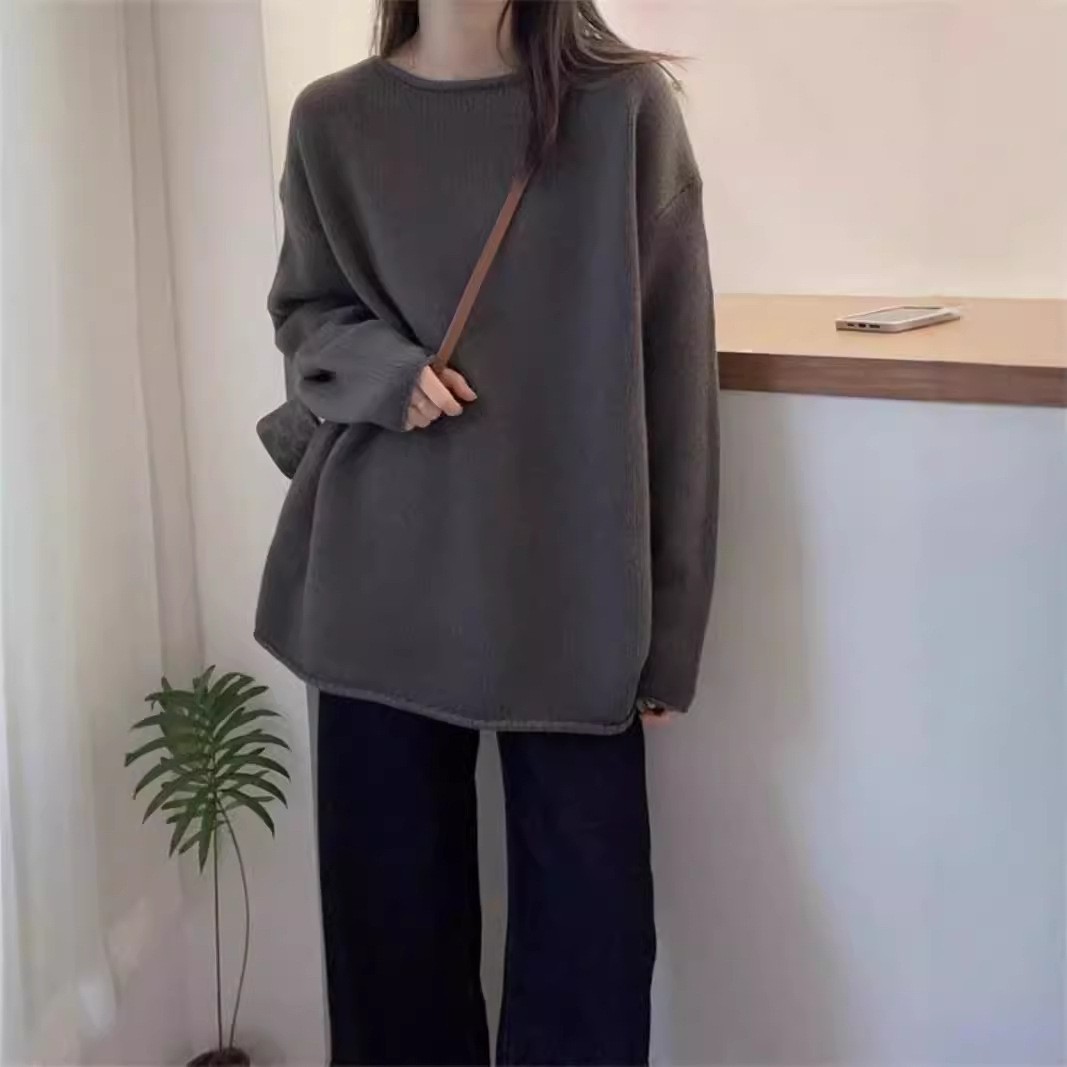 寬鬆百搭慵懶素色時尚捲邊圓領針織衫