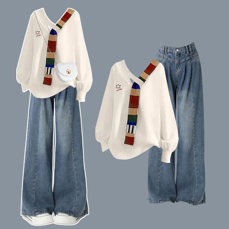 【單件/套裝】韓版設計感拼接長袖上衣+高腰顯瘦闊腿牛仔褲兩件套