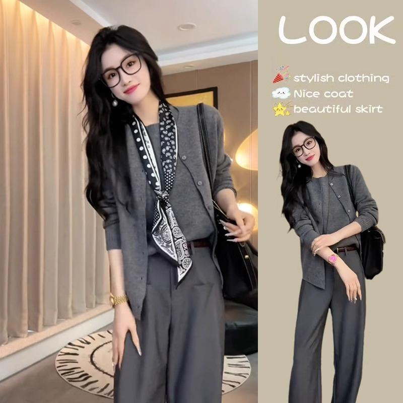 【單件/套裝】韓版慵懶顯瘦開衫+背心+休閒長褲三件套