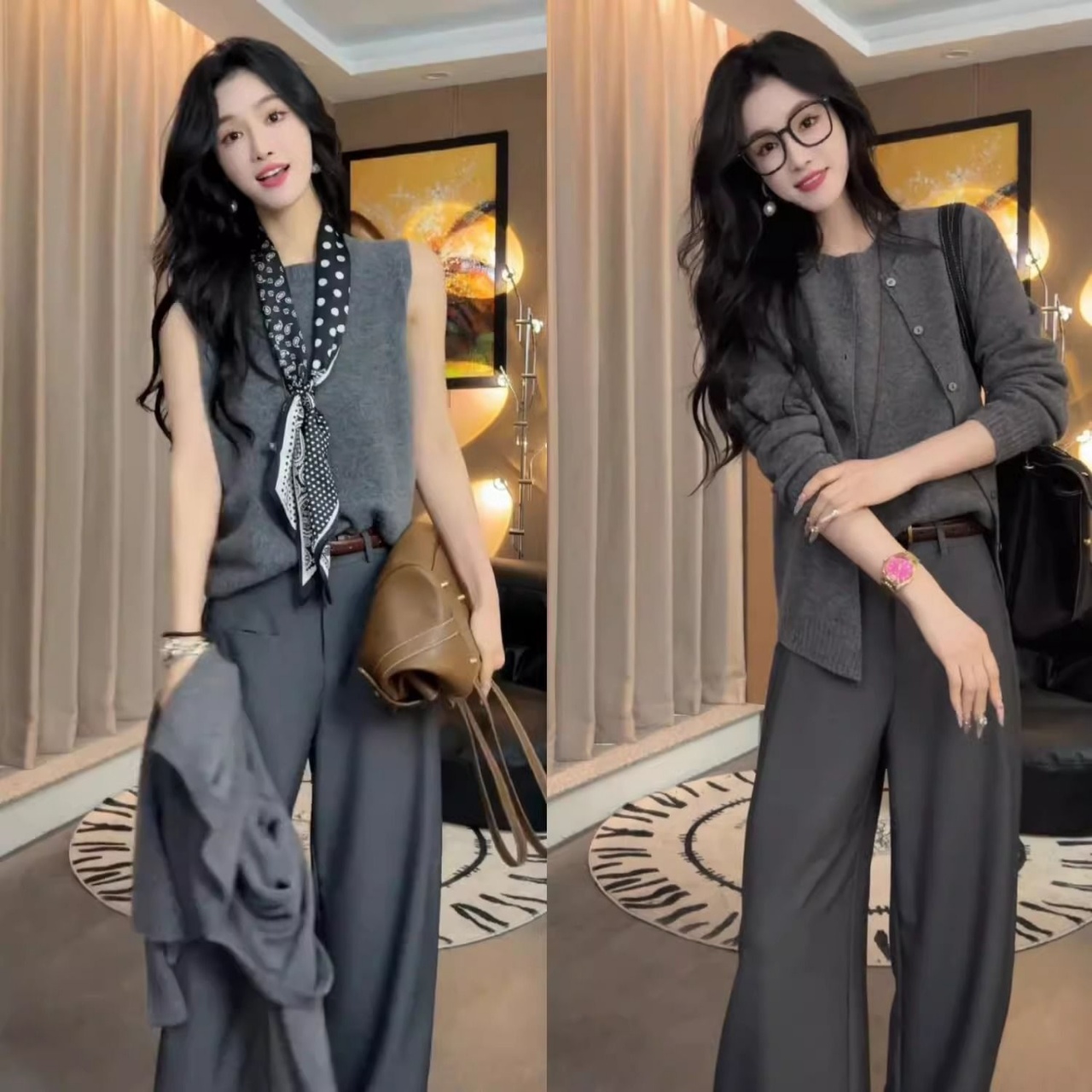 【單件/套裝】韓版慵懶顯瘦開衫+背心+休閒長褲三件套